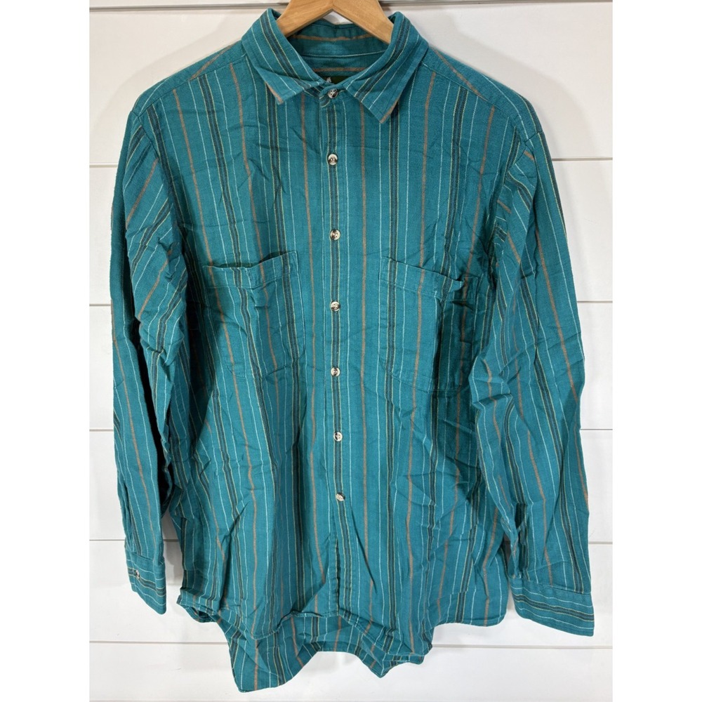 Vintage Hunt Club 90's Classic Green Blue Striped Button Down Shirt Men's Large